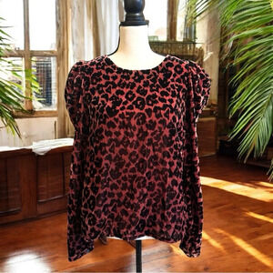 DOLAN | ANTHROPOLOGIE Brown Velvet Leopard Print Long Puff Sleeve Top - Small